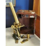 Arnold & Sons of Smithfield London Antique Vintage Brass Microscope, complete with lenses + wooden