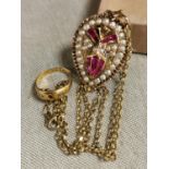 9ct Ruby Diamond & Gold Ring + a Ruby, Pearl and 9ct Gold Pendant on a 9ct Chain