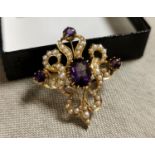 Gold Ameythst and Seed Pearl Encrusted Brooch, marked 15ct
