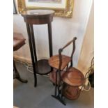 An Inlaid Wood Edwardian Plant Stand (96h) + a Four-tier Cake Stand at 77cm high