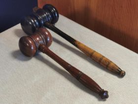 Pair of Handmade Vintage Wooden Auctioneer's Gavels (11" and 10" long), one with ebony head