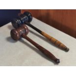 Pair of Handmade Vintage Wooden Auctioneer's Gavels (11" and 10" long), one with ebony head