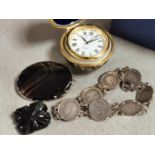 Various Items inc Threepence Silver Bracelet, Limoges Clock, Agate Silver Brooch & Whitby Jet Stone