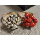 750 Marked Coral & Gold Ring + a Seed Pearl Cluster Ring