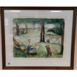 Original Watercolour of a Garden Family Scene by AJ Pearl 1990 - 65x57cm