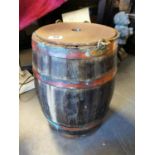 Vintage Decorative Wooden Keg Barrel with copper banding + handle, inc inset metal disc to top (