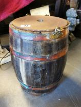 Vintage Decorative Wooden Keg Barrel with copper banding + handle, inc inset metal disc to top (