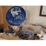 Pair of Chinese Imari & Blue & White Plates (32 & 28cm diameter) w/accompanying Oriental Bowls