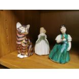 Royal Crown Derby Imari Cat + Royal Doulton Lady Figurine Pair (Penny & Francine)