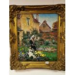 Ornately Gilt-Framed Signed Oil on Board of a Garden Scene - 80x68cm