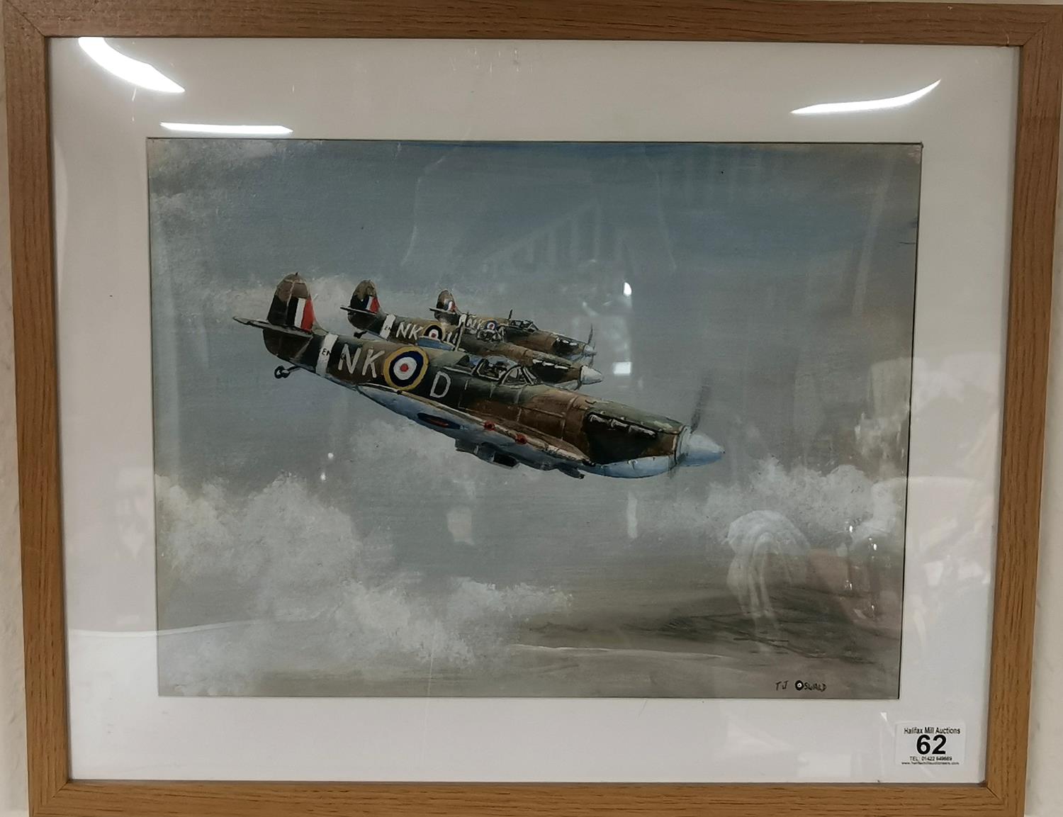 TJ Oswald Signed Acryllic of a WW1 Fighter Plane, Spitfire/Hurricane - 54x44cm