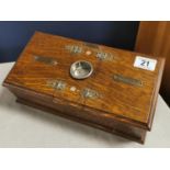 Edwardian Oak Engraved & Plated Wooden Cigarette & Cigar Box - Tobacciana Interest 30w x 16d x 9cm