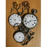 Trio of Pocketwatches & Keys + Silver Continental Example & Chain