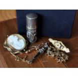 Collection of Gold Brooches, Silver Snuff Bottle, Dirk Pin + Cameo - Gold Brooches weigh 8.4g total