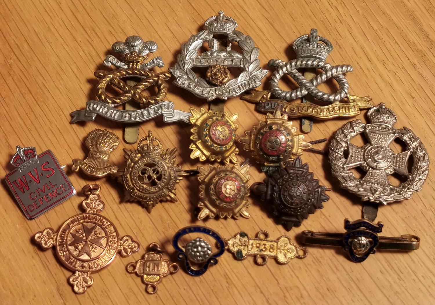 Collection of Army & Military Badges inc 1930's Cheshire Agricultural, Waterloo Peninsula Rifle