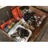 Box of Scalextric Motor Racing Equipment Toys inc Subaru Cars