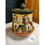 1900 Foley Intarsio Lidded jar w/handpainted Tavern & Pipe-Smoking Scene - 15cm high