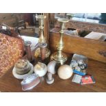 Collection of Antique Weaving Industrial Shuttles, Brass Candlesticks & Onyx Lighters