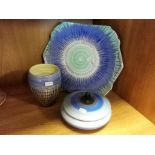 Trio of Shelley Blue & Green Dripware Art-Deco Ceramics inc Lidded Jar, Plate & Vase