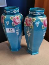 Pair of Rare Shelley early 1920's Art Nouveau Turquoise Rose Vases - 25cm high