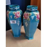 Pair of Rare Shelley early 1920's Art Nouveau Turquoise Rose Vases - 25cm high