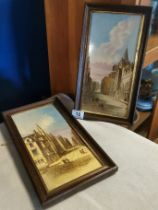 Pair of Antique Scottish Edinburgh Framed Tiles of Knoxs House, Canongate &Old Tollbooth - 34.5x19cm