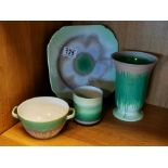 Quartet of Green Shelley Dripware and Harmony Band Retro Pottery Vases & Plates