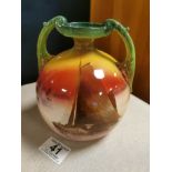 1899 Wileman (The Foley Co) Faience Twin Handled Green and Red Maritime Vase - 15cm high