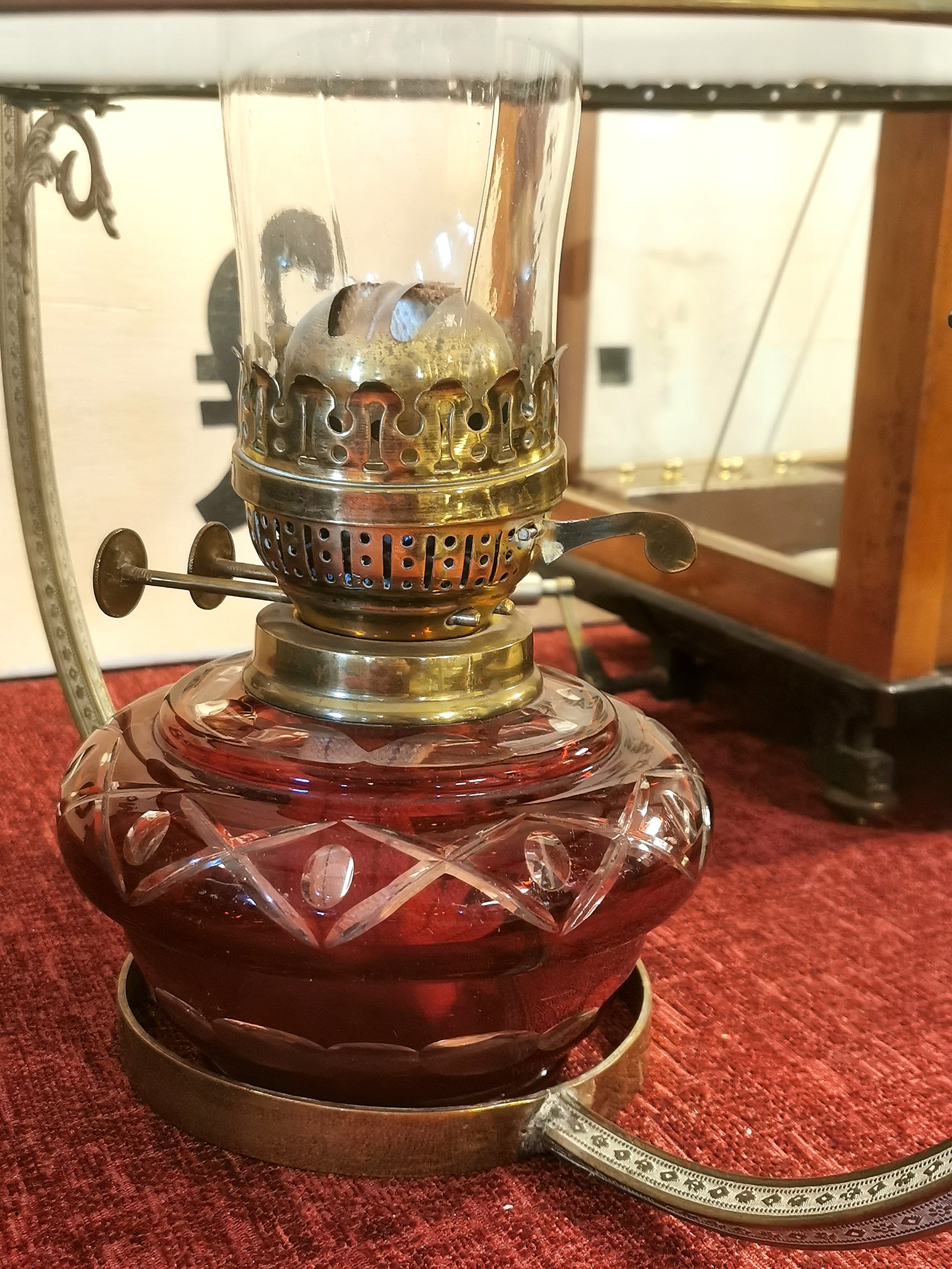 Vintage Cranberry Glass Suspended Oil Lamp - 68cm high - Image 2 of 2