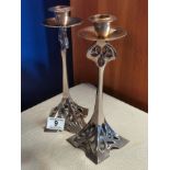 Pair of Vintage Art-Deco Mackintosh Styled Metallic Candlesticks - 25cm high