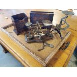 Ornate Oak Tray, w/Tunbridge-style boxes, Letter Scales and Eqpt
