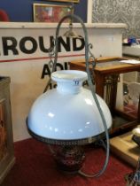 Vintage Cranberry Glass Suspended Oil Lamp - 68cm high