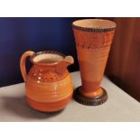 Pair of 1940's Orange Shelley Harmony Band Pieces - Milk Jug & a Conical Vase (20cm high)