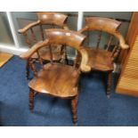 Trio of Oak Farmhouse Captain Chairs/Smokers Bow Chairs