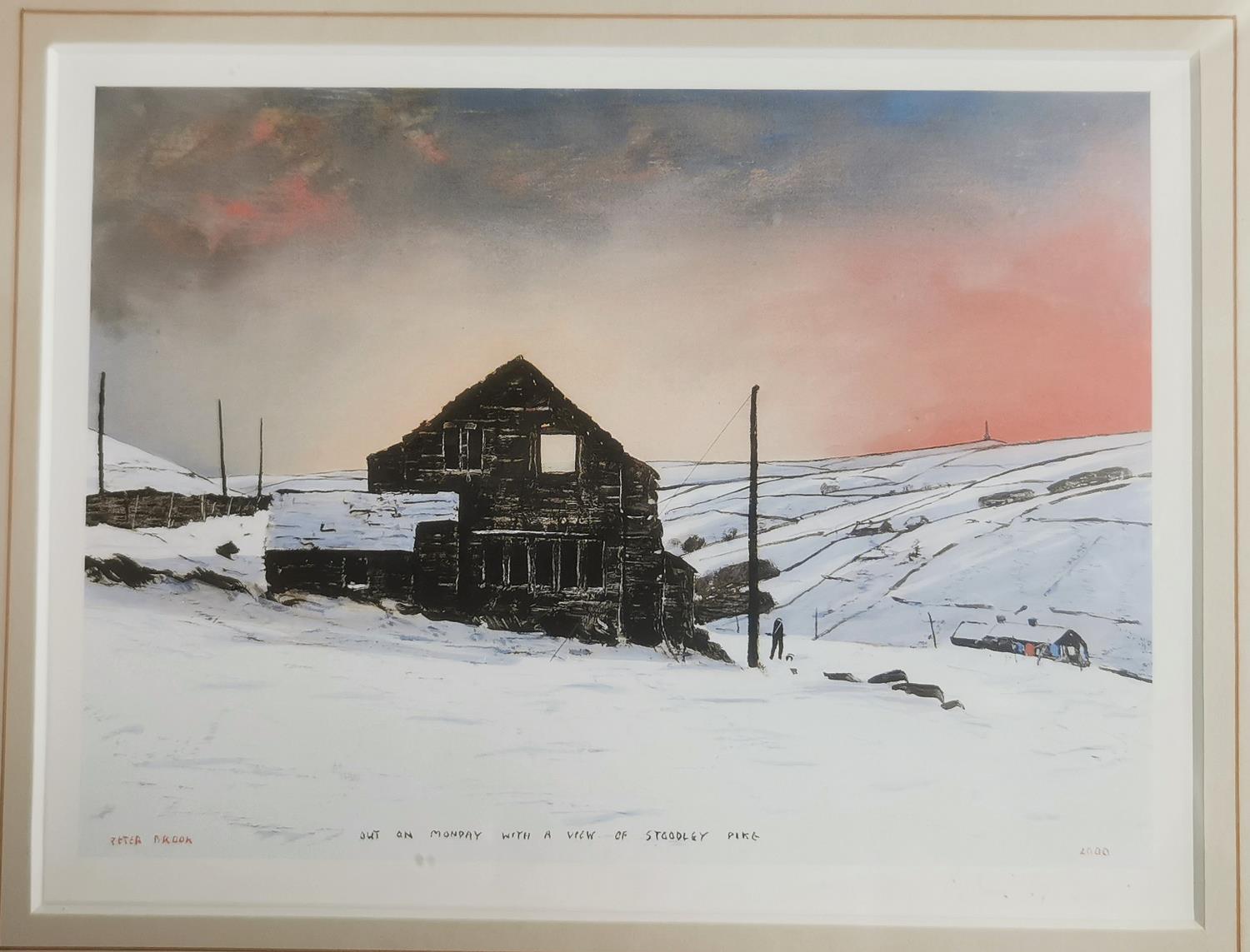 1990's Print by Peter Brook (1927-2009) titled 'Owt on Monday with a View of Stoodley Pike' - measur