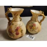 Pair of 1880's Royal Worcester Floral Jugs w/puce marks to base - 13 and 11cm high