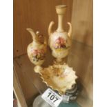 Trio of 1880's Royal Worcester Floral Blush Pieces/Urn Vases w/puce marks to base
