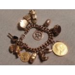 9ct Gold Charm Bracelet inc a Double Sovereign Coin - total weight 110.9g