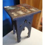 Small Antique 1905 Oriental Carved Table w/Painting to Top & Possible Turkish/Persian Carving Detail