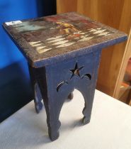 Small Antique 1905 Oriental Carved Table w/Painting to Top & Possible Turkish/Persian Carving Detail