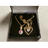 9ct Gold Diamond & Ruby Pendant Necklace, plus a 9ct Gold and Diamond Heart Pendant Necklace