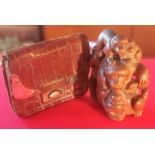 Silver & Leather Miniature Briefcase + a Wooden Netsuke Monkey Figure