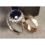 9ct Gold Wedding Band + a Blue & White Stone Silver Dress Ring - sizes s+0.5