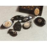 Collection of Whitby Jet Brooches inc Mourning Brooches
