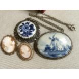 Quartet of Silver and Other Brooches and Cameos inc Early Delft