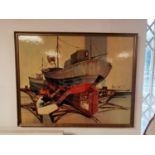 Vintage 1960's Litho Print of a Maritime Harbour Scene - 'Teal' signed Anthony Lull