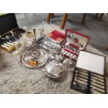 Box of Various Plated Cutlery Sets, Teaware & Assorted Decorative Pieces