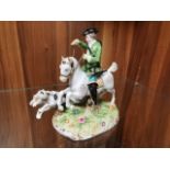 Dresden Hunting Scene Figure of a Horse & Rider + Dogs Running Alongside - approx 16x16cm