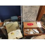 Box of Various Gentlemen's Ephemera, Badges, Lighters + Leeds United 1969-70 Team Signatures Print