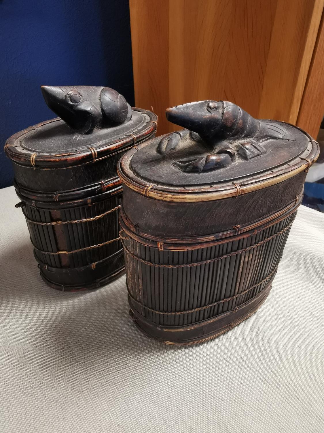 Pair of Early Chinese Bamboo Picnic Boxes, 16cm high